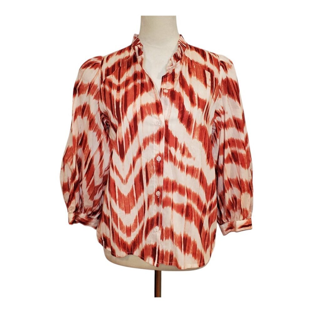 NEW BANANA REPUBLIC SZ S Volume Sleeve Dune Red/Rust/Cream Button Cotton Blouse